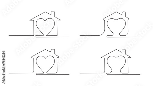 Continuous one line drawing heart inside house, Love in family symbol. vector illustration