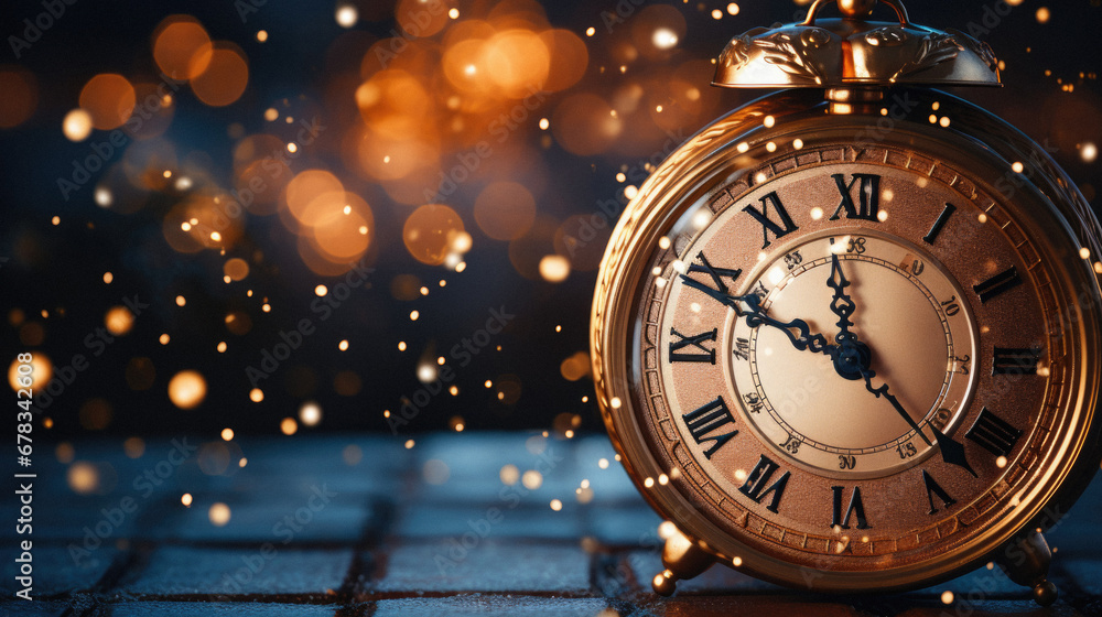 New Year's Eve concept. Vintage golden clock on a blue background. - obrazy, fototapety, plakaty 