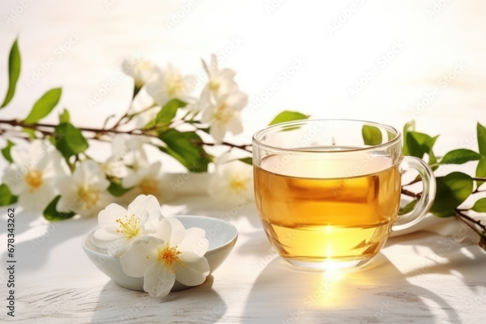 cup of jasmine tea and flowers on light background. AI Generated cup of jasmine tea and flowers on light background. AI Generated