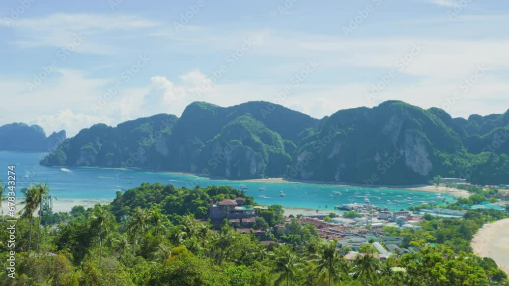 phi phi island from mountain view point with panning motion phi phi island from mountain view point with panning motion