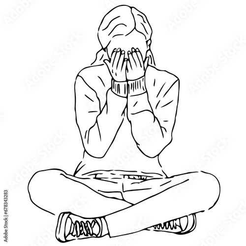 Sad woman covers her eyes with her hands