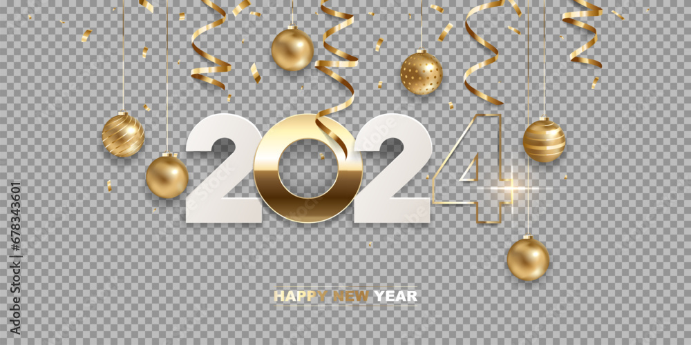 Happy new year 2024. White paper and golden numbers with Christmas decoration and confetti, isolated on transparent background. Holiday greeting card design. - obrazy, fototapety, plakaty 
