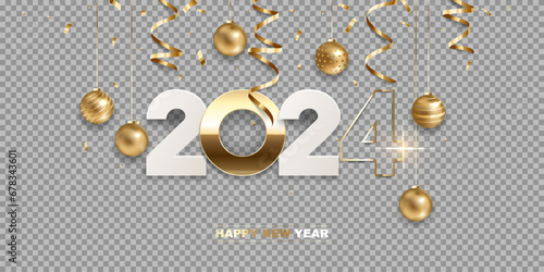 Happy new year 2024. White paper and golden numbers with Christmas decoration and confetti, isolated on transparent background. Holiday greeting card design. photo