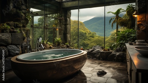 Bathroom interior with a picturesque view of nature. Rustic style of the premises. Concept  modern restroom design
