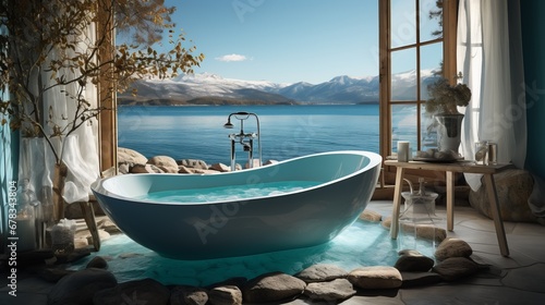 Bathroom overlooking the tropical beach. A bright blue bathtub installed on a floor that imitates the seabed with stones and clear water. Concept  hygiene  relaxation 
