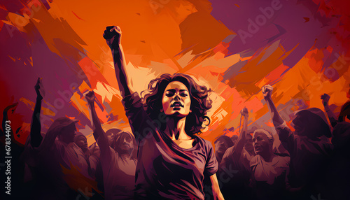 Illustration of Group of people activists protesting on streets, women march and demonstration concept