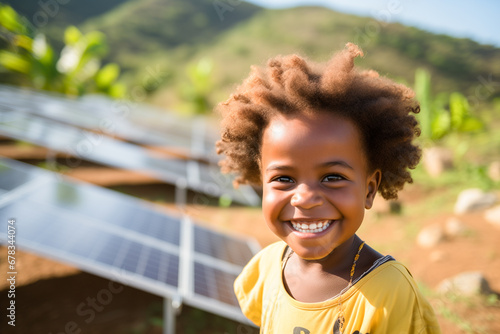 close-up of a smiling afro child in a field with solar panels, concept of renewable energies