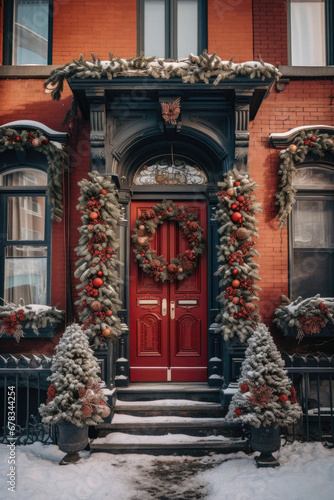 Red door with christmas wreath on the facade of a house in New York.