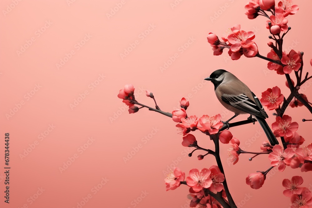 Fototapeta premium Simple and minimalist abstract multi-colored bird on a branch and flowers. Modern wallpaper. Generative AI, AI