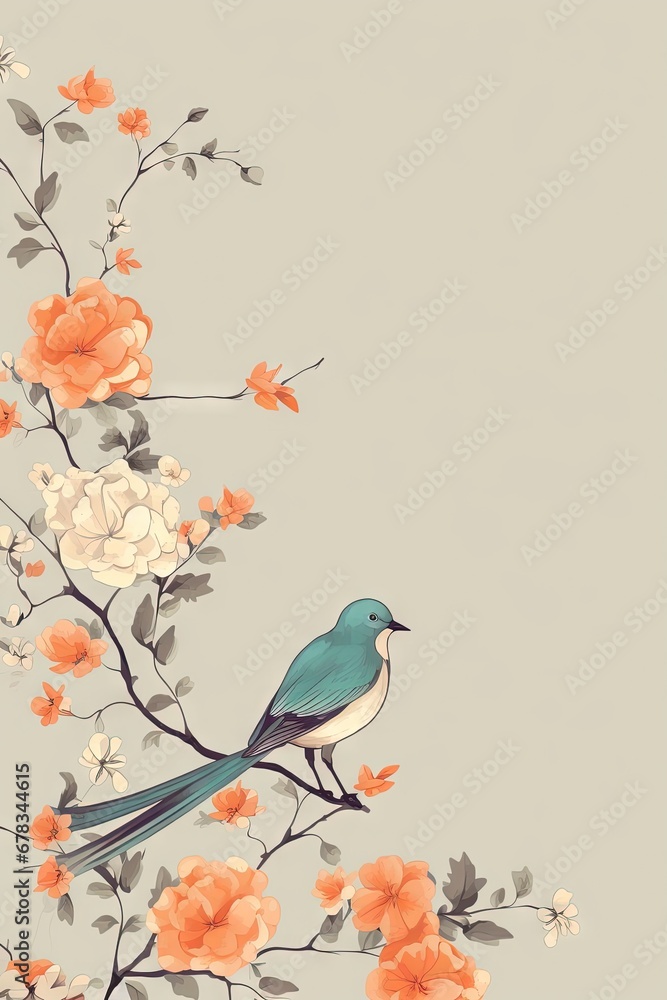 Fototapeta premium Simple and minimalist abstract multi-colored bird on a branch and flowers. Modern wallpaper. Generative AI, AI