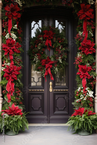 Christmas decoration with red poinsettia on front door of house.