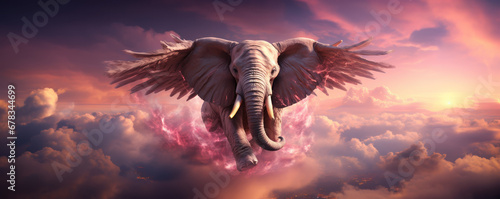 un éléphant rose en train de voler dans le ciel au dessus des nuages photo