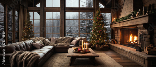 Interior of a cozy living room with a large window overlooking the winter forest.