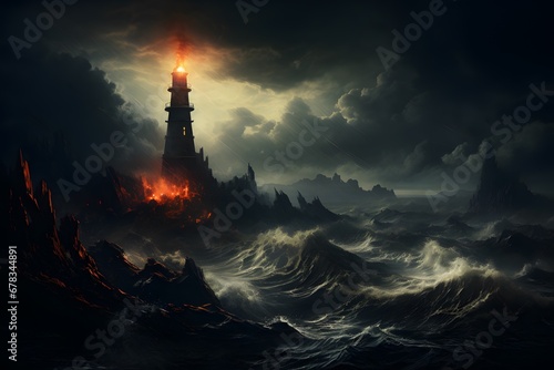 Dramatic Coastal Storm: Lighthouse Battling Fierce Waves & Lightning