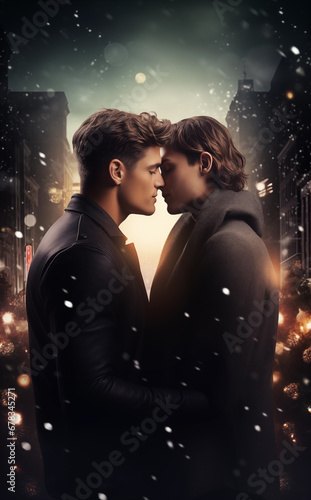 Gay male couple embracing - Christmas winter season - Movie poster cinematic style - about to kiss - urban city street sunset