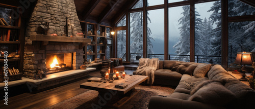 Photographie Cozy living room with fireplace, sofa and bookshelves in winter.