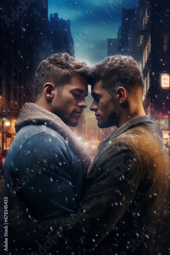Gay male couple embracing - Christmas winter season - Movie poster cinematic style - City urban night lights photo