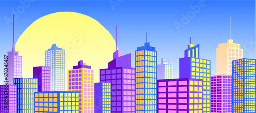 Panorama of a big city in flat style. Colorful vector illustration of a big city with tall houses and skyscrapers.