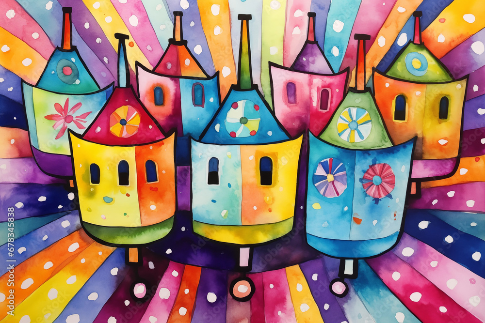 Dreidel Delight: A whimsical watercolor illustration of spinning dreidels with vibrant colors and playful patterns