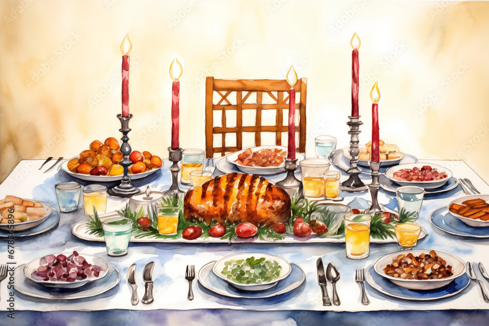 Hanukkah Feast: An inviting watercolor scene of a festive Hanukkah table with traditional foods, candles, and family gathered around