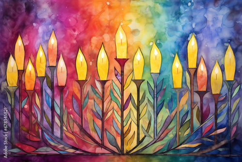Menorah Brilliance: A watercolor painting featuring a beautifully lit menorah surrounded by glowing candles and shimmering hues photo