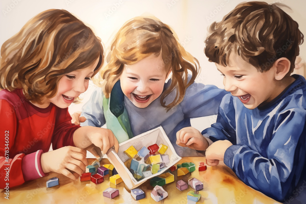 Naklejka premium Children Playing Dreidel: A heartwarming watercolor depiction of children playing dreidel, capturing the joy and excitement of the holiday