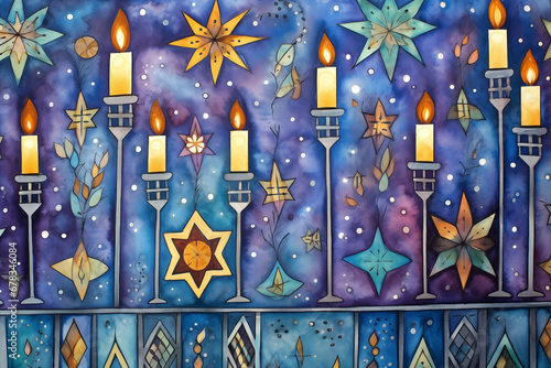 Hanukkah Patterned Background: An intricate watercolor pattern with menorahs, dreidels, and Stars of David creating a cohesive Hanukkah background photo