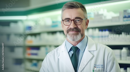 Portrait of a cheerful mature pharmacist working at a pharmacy.