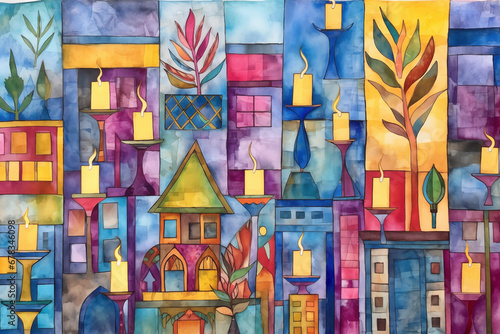 Hanukkah Traditions Collage: A collage-style watercolor painting incorporating various Hanukkah traditions and symbols photo