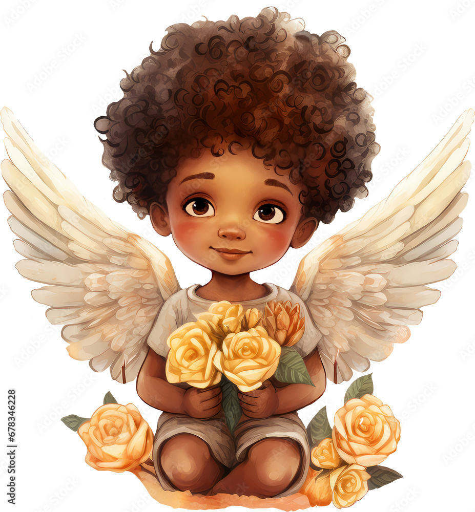 African American angel with wings Baby Angel Valentine love illustration - obrazy, fototapety, plakaty 