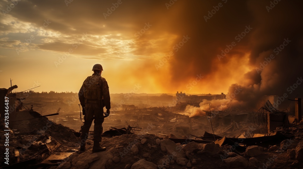 The scene depicts a war-torn landscape with billowing smoke, rubble-strewn streets, and a lone soldier standing amidst the destruction, bathed in the warm, golden light of the setting sun The scene depicts a war-torn landscape with billowing smoke, rubble-strewn streets, and a lone soldier standing amidst the destruction, bathed in the warm, golden light of the setting sun