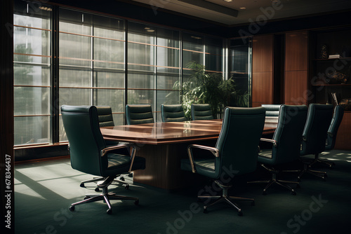 Grande ed elegante sala riunione con vetrate, tavolo in legno e poltrone in pelle photo