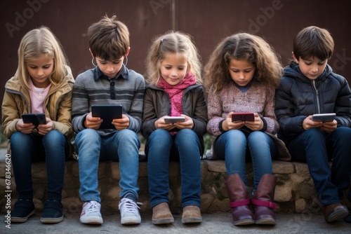 Group of five focused children sitting outdoors, each absorbed in their own handheld device