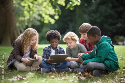 Diverse group of children sitting on grass, deeply engrossed in tablets and phones, in park setting
