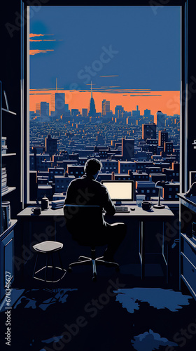 Vector Of Writer In His Apartment Flat Overlooking The City Skyline- Generative Ai