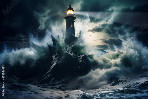 Storm's Guardian: A Dramatic Scene of a Lighthouse Battling Clouds and Waves