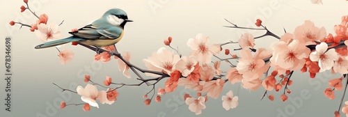 Minimalist and simple abstract multicolored bird on a branch and flowers. Modern wallpaper. Generative AI, AI © Merilno