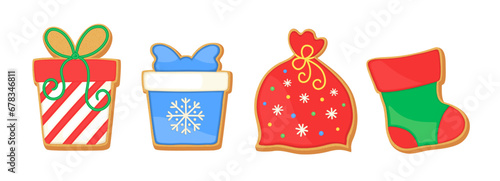 Sugar cookies Christmas vector illustration. Gingerbread gift box, Santa bag, christmas present, cute sock cookie shapes. Cartoon sweet food icons isolated. Home bakery clipart for Xmas projects.