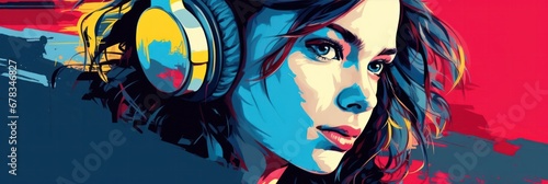 digital portrait banner of a woman with headphones, striking contrast and splash of vibrant colors