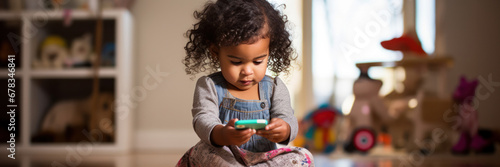 Curly-haired toddler focused on a smartphone in a sunny playroom with a blurred background of toys