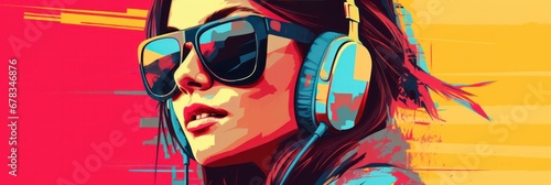 art portrait of a beautiful woman immersed in music through headphones, featuring design bright photo