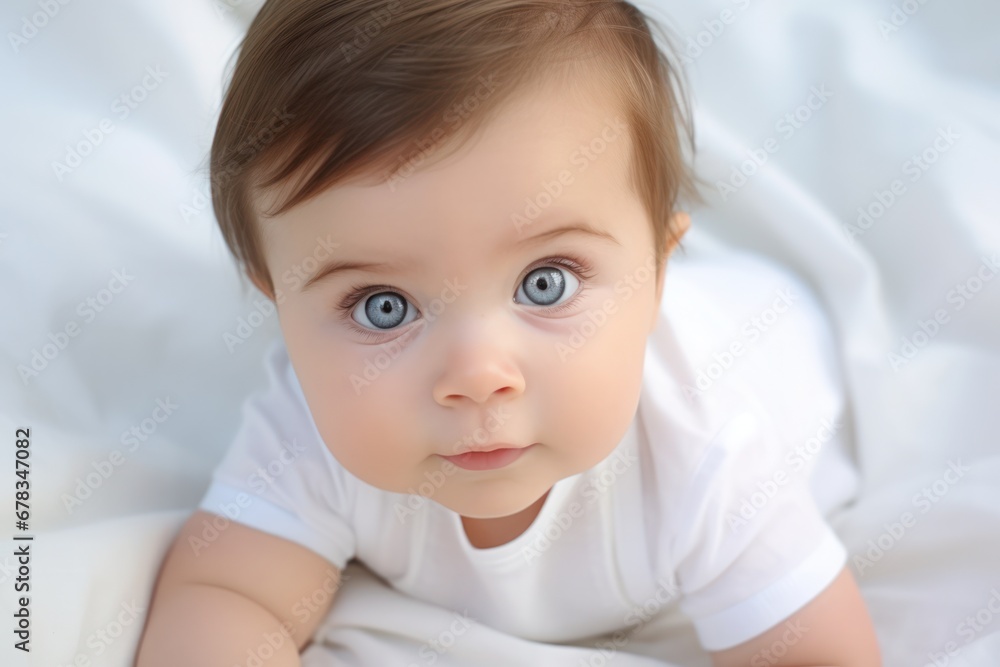 charming baby portrait on white bed, concept of childcare, with selective focus and copy space charming baby portrait on white bed, concept of childcare, with selective focus and copy space