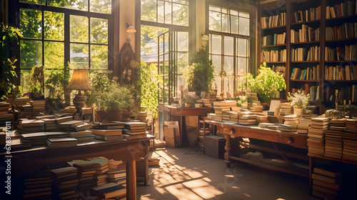 Charming Vintage Bookstore with Sunlight Streaming Through Dusty Windows, Enhanced with Soft and Pastel Tones to Evoke a Nostalgic and Cozy Atmosphere