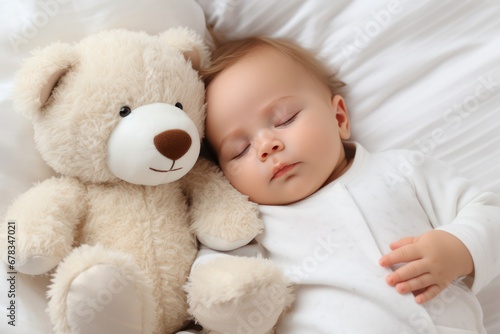 Baby's comfort: sleeping infant in bed, snuggling a toy bear, charm of a healthy sleep routine