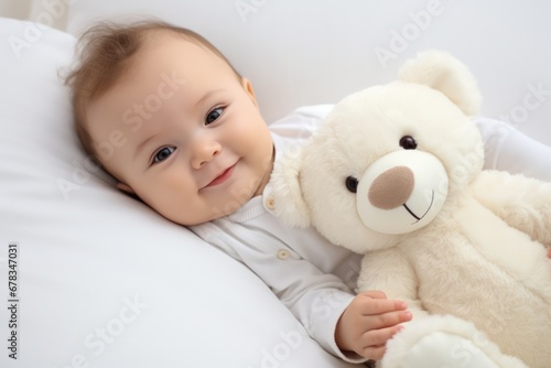 cute infant in bed, cuddling a toy bear, heartwarming smile perfect for healthy sleep concepts