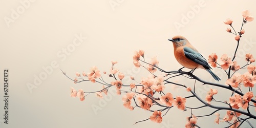 A minimalist and simple abstract multi-colored bird on a branch and flowers. Modern wallpaper. Generative AI, AI © Merilno