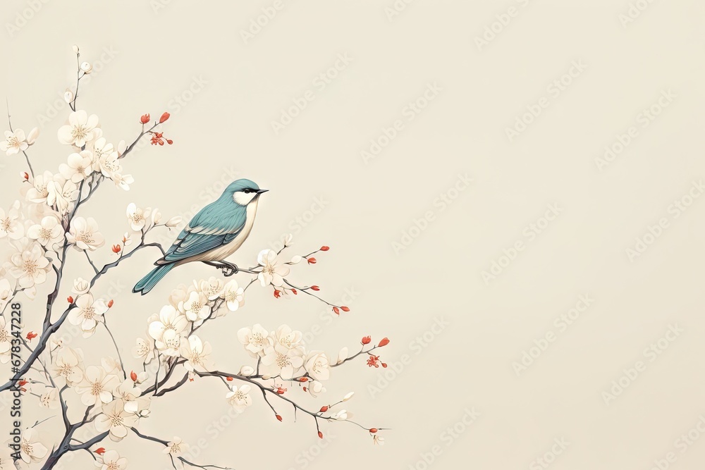 A minimalist and simple abstract multi-colored bird on a branch and flowers. Modern wallpaper. Generative AI, AI