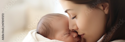 Newborn joy: Extreme close-up of mother holding her baby in a minimalist, white environment