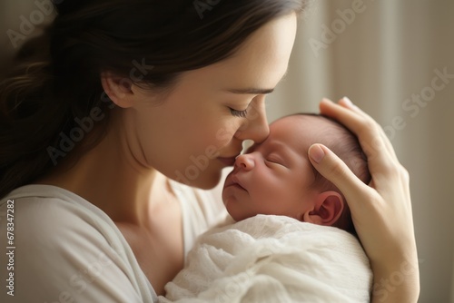 Extreme close-up of mother cradling her newborn in a minimalistic home setting