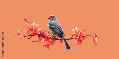 A minimalist and simple abstract multi-colored bird on a branch and flowers. Modern wallpaper. Generative AI, AI © MiniMaxi
